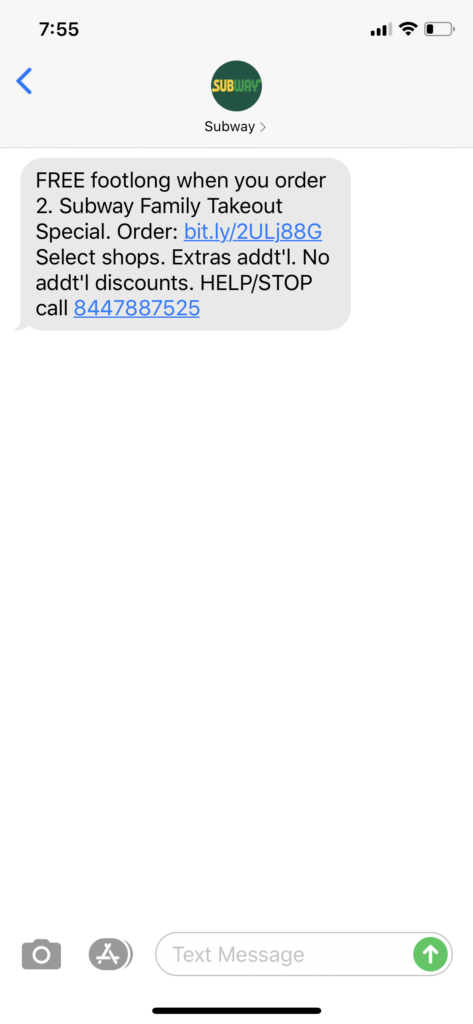Subway Text Message Marketing Example - 04.11.2020