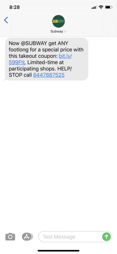 Subway Text Message Marketing Example - 04.24.2020
