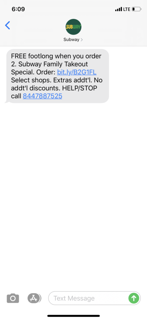 Subway Text Message Marketing Example - 04.27.2020