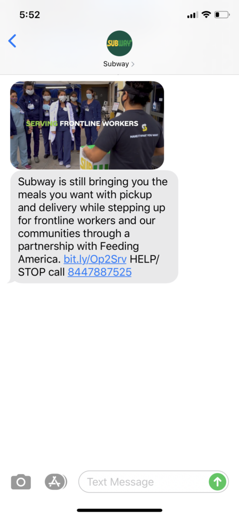 Subway Text Message Marketing Example - 04.28.2020