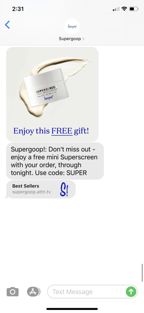 Supergoop Text Message Marketing Example - 03.05.2020