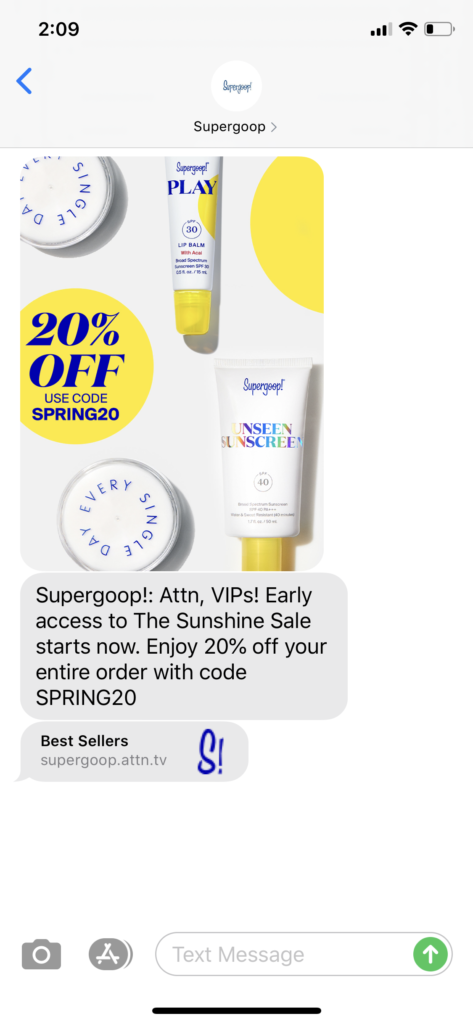 Supergoop Text Message Marketing Example - 03.29.2020
