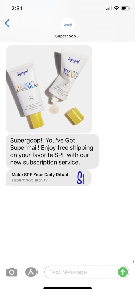 Supergoop Text Message Marketing Example - 04.01.2020