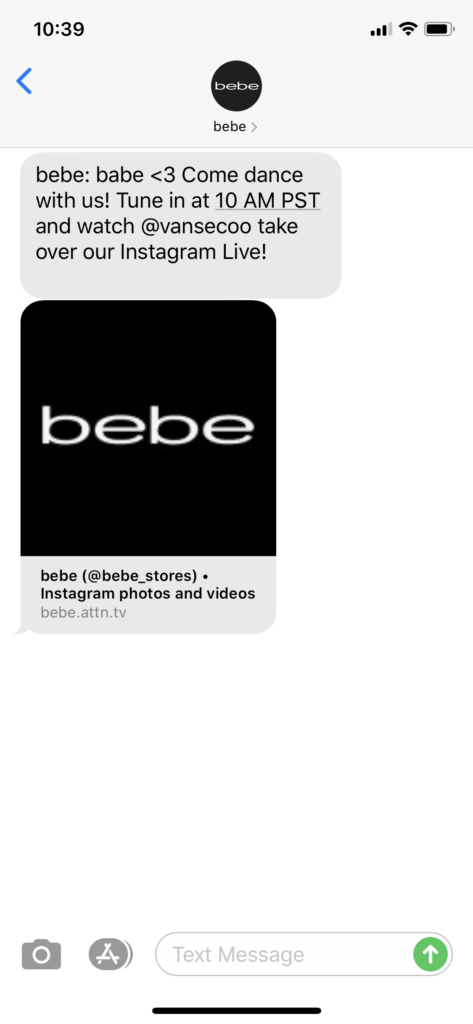 Bebe Text Message Marketing Example - 05.23.2020