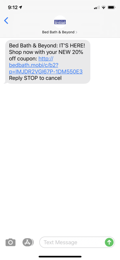 Bed Bath & Beyond Text Message Marketing Example - 05.19.2020