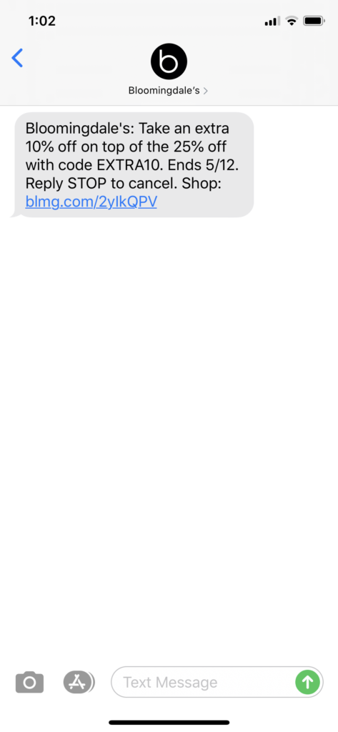 Bloomingdale’s Text Message Marketing Example - 05.09.2020