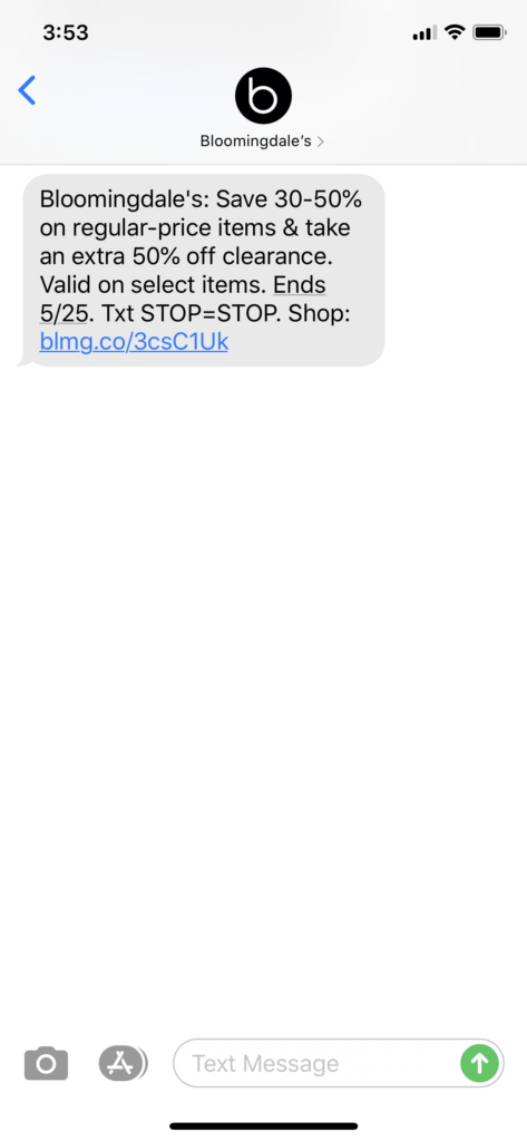 Bloomingdale’s Text Message Marketing Example - 05.14.2020