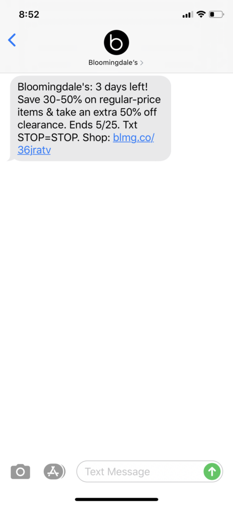 Bloomingdale’s Text Message Marketing Example - 05.23.2020