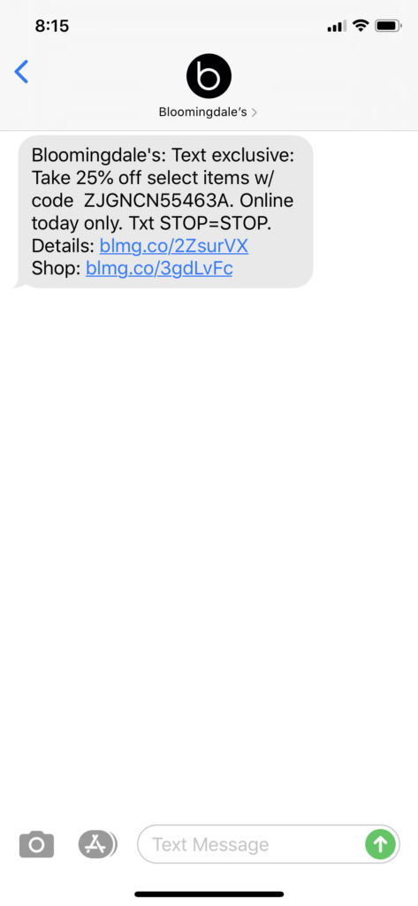 Bloomingdale’s Text Message Marketing Example - 05.26.2020