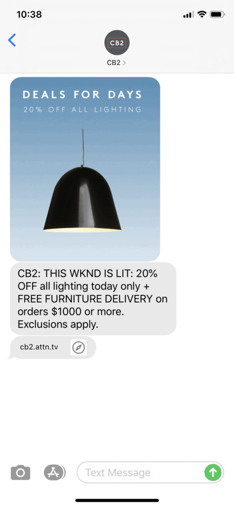 CB2 Text Message Marketing Example - 05.23.2020