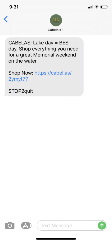 Cabela’s Text Message Marketing Example - 05.21.2020