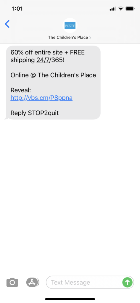 Children’s Place Text Message Marketing Example - 05.09.2020