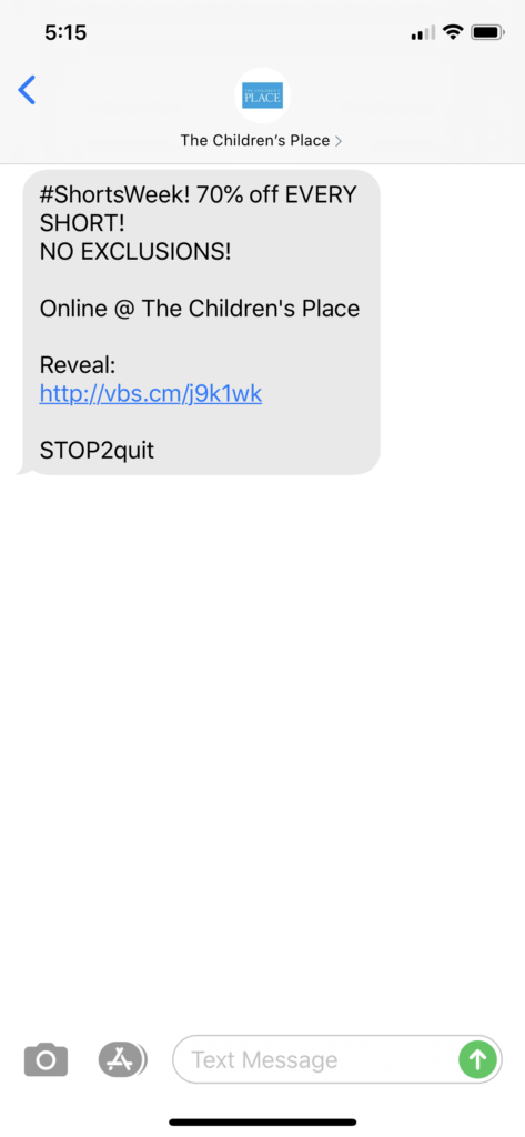 Children’s Place Text Message Marketing Example - 05.12.2020