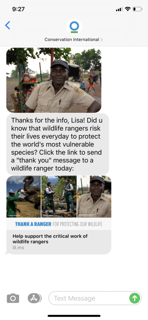 Conservation International Text Message Marketing Example - 05.26.2020