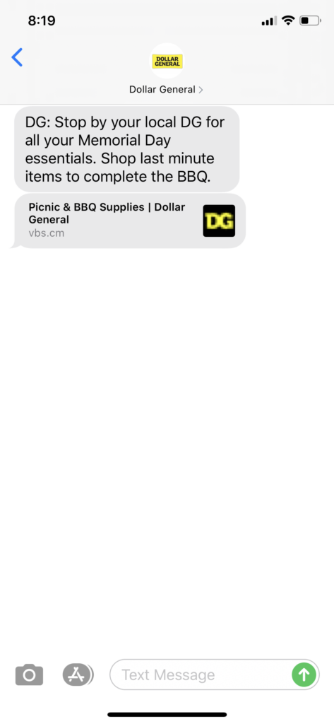 Dollar General Text Message Marketing Example - 05.25.2020