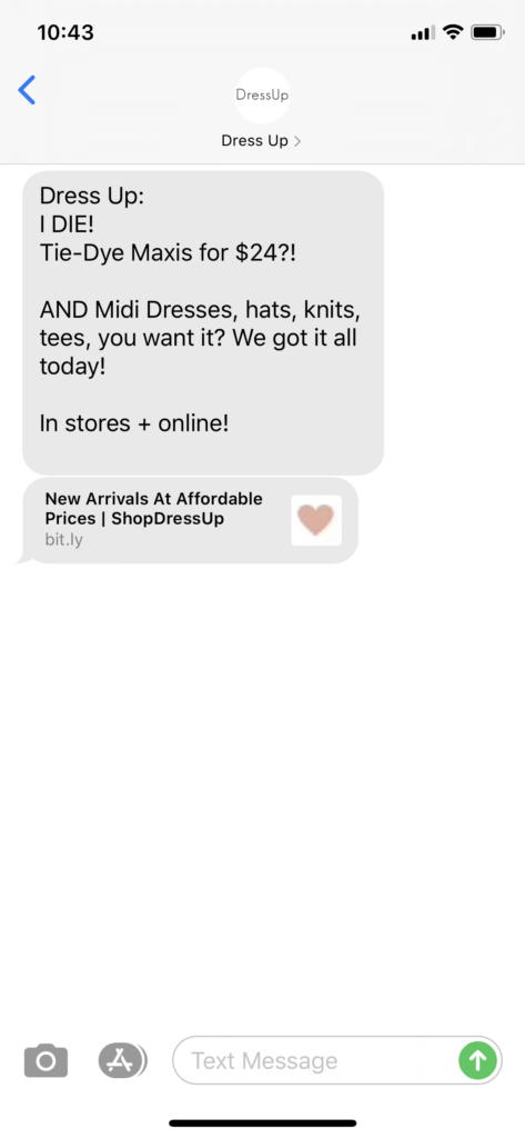Dress Up Text Message Marketing Example - 05.23.2020
