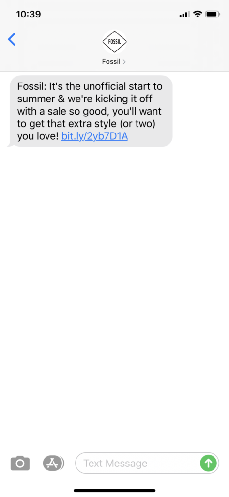 Fossil Text Message Marketing Example - 05.23.2020