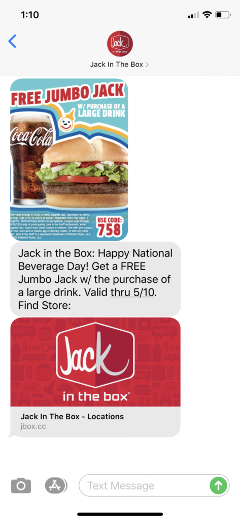 Jack In The Box Text Message Marketing Example - 05.06.2020
