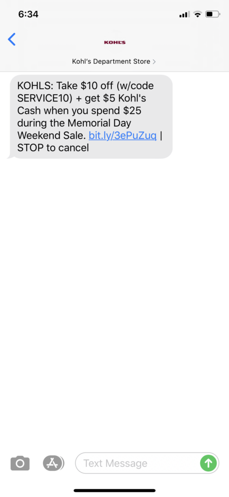 Kohl’s Text Message Marketing Example - 05.21.2020