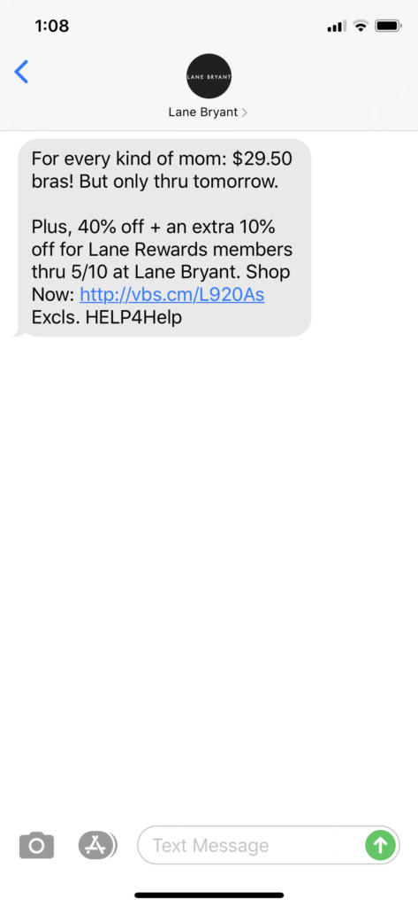 Lane Bryant Text Message Marketing Example - 05.08.2020