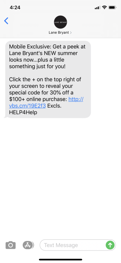 Lane Bryant Text Message Marketing Example - 05.13.2020
