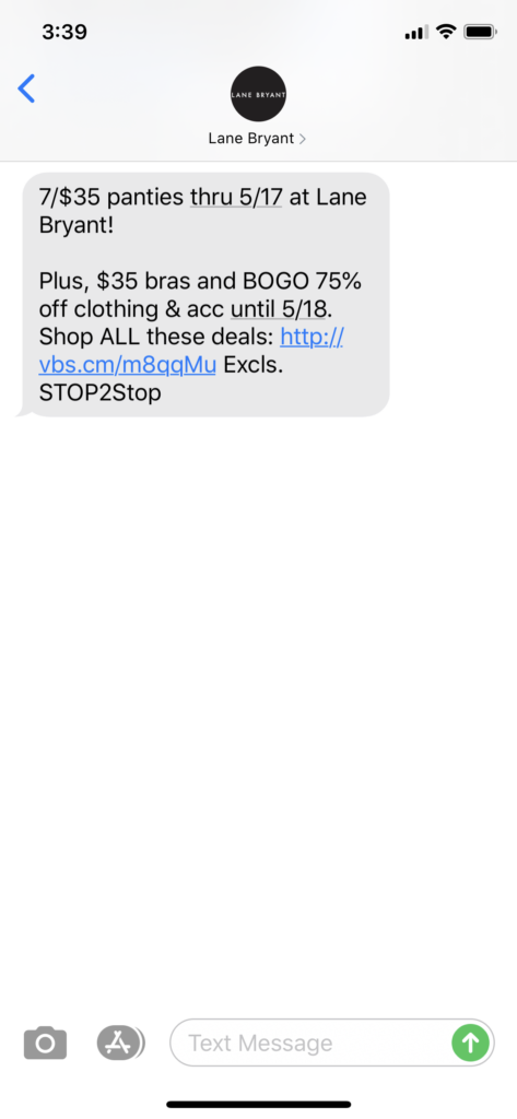 Lane Bryant Text Message Marketing Example - 05.15.2020