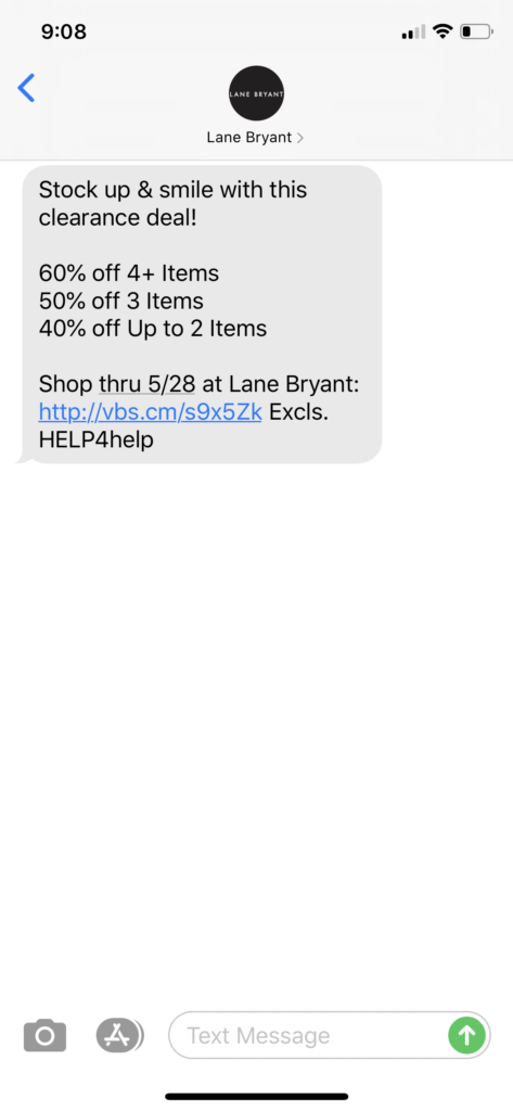 Lane Bryant Text Message Marketing Example - 05.26.2020