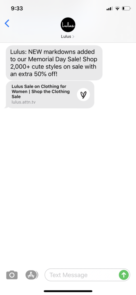 Lulus Text Message Marketing Example - 05.21.2020