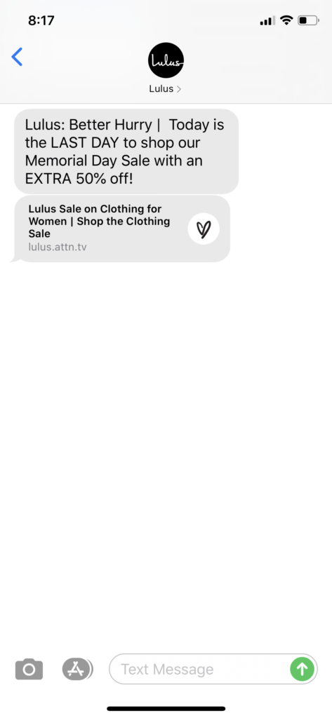 Lulus Text Message Marketing Example - 05.25.2020
