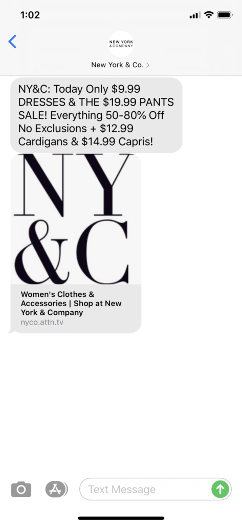 New York & Co. Text Message Marketing Example - 05.09.2020