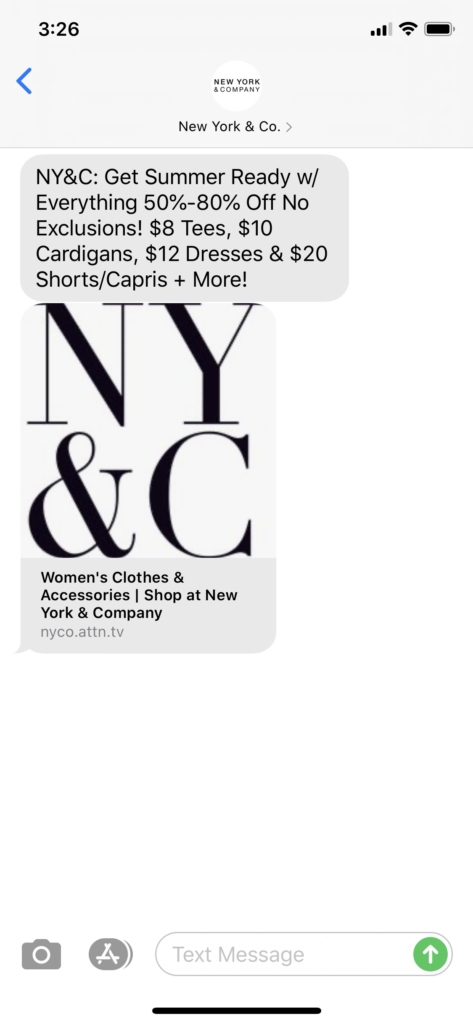 New York & Co. Text Message Marketing Example - 05.16.2020