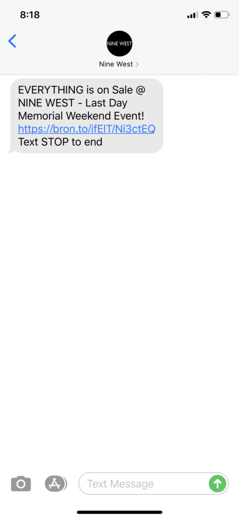 Nine West Text Message Marketing Example - 05.25.2020
