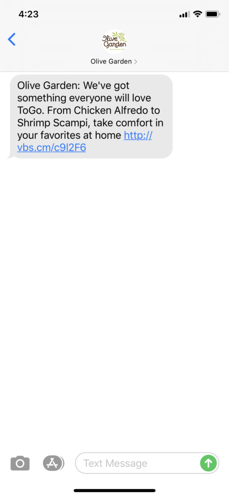 Olive Garden Text Message Marketing Example - 05.13.2020