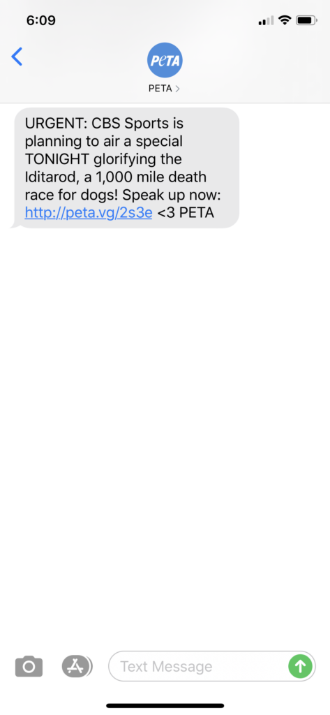 PETA Text Message Marketing Example - 04.10.2020