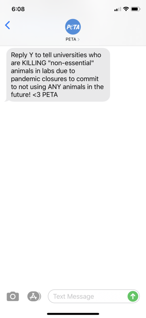 PETA Text Message Marketing Example - 04.16.2020
