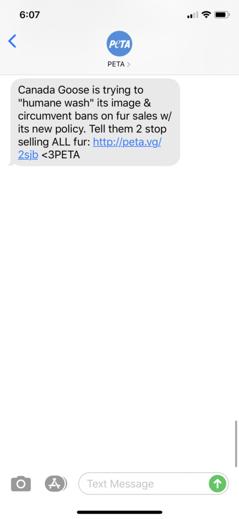 PETA Text Message Marketing Example - 04.22.2020