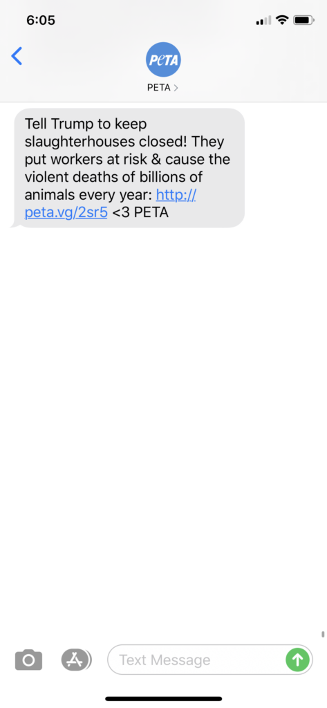 PETA Text Message Marketing Example - 04.29.2020