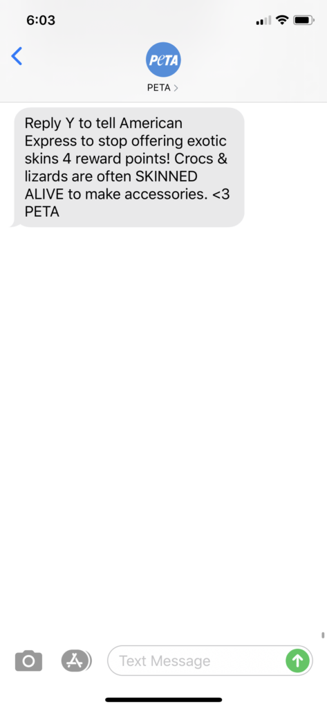 PETA Text Message Marketing Example - 05.07.2020