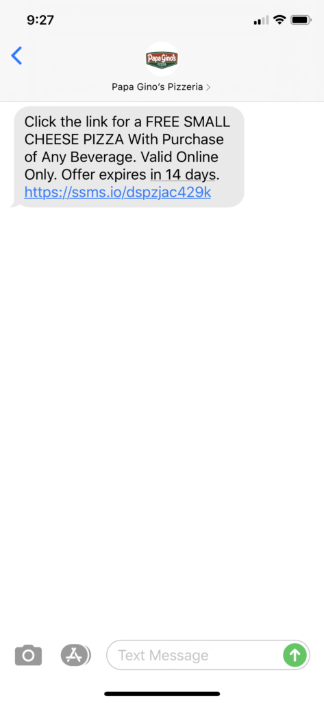 Papa Gino’s Pizza Text Message Marketing Example - 05.16.2020