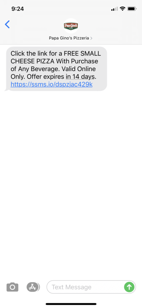 Papa Gino’s Pizza Text Message Marketing Example - 05.17.2020
