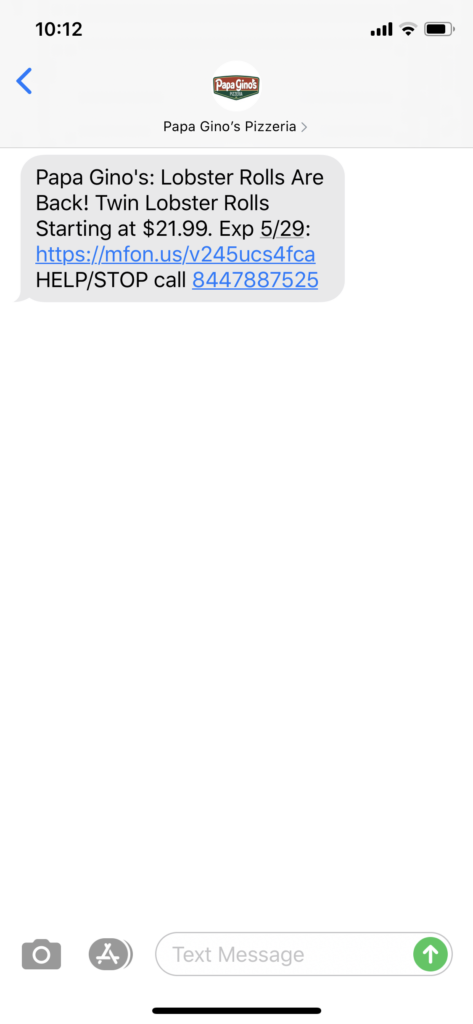 Papa Gino’s Text Message Marketing Example - 05.27.2020