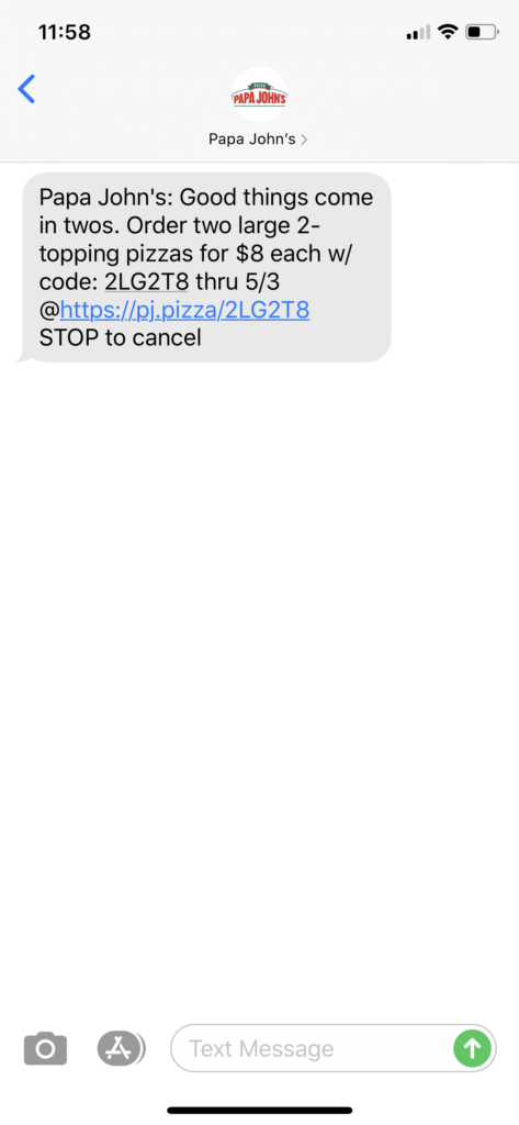 Papa John’s Text Message Marketing Example - 05.02.2020