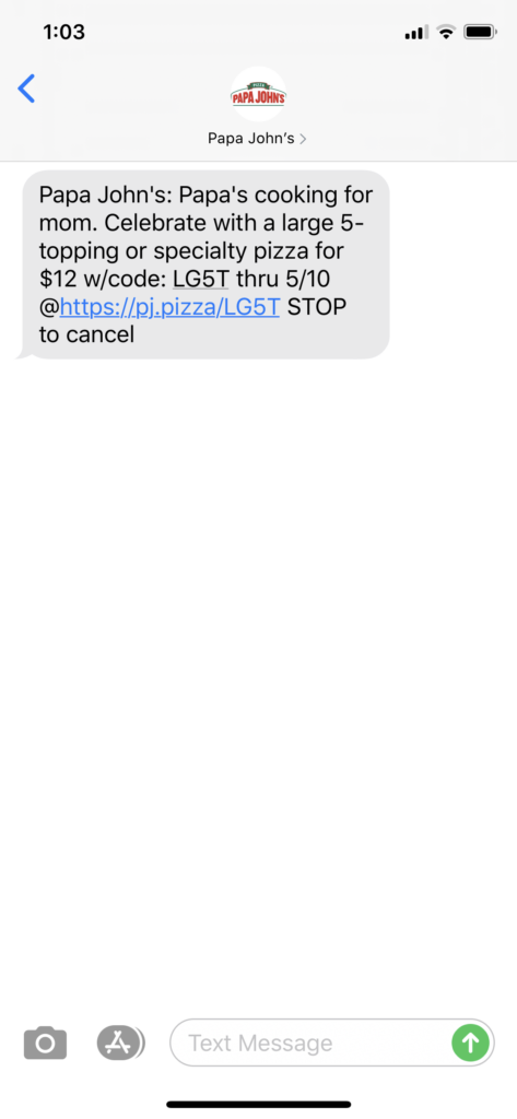 Papa John’s Text Message Marketing Example - 05.09.2020