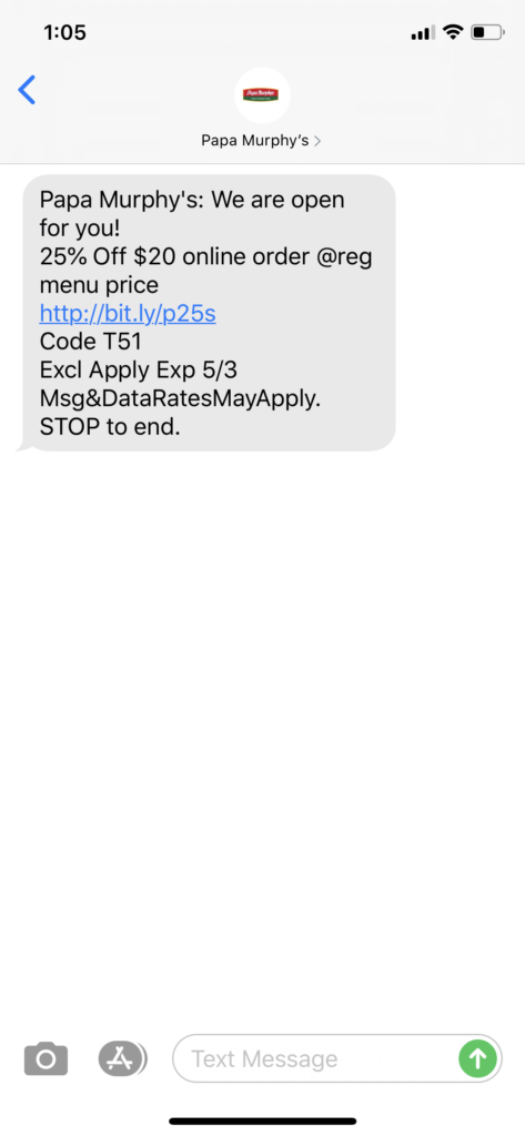 Papa Murphy’s Text Message Marketing Example - 05.02.2020