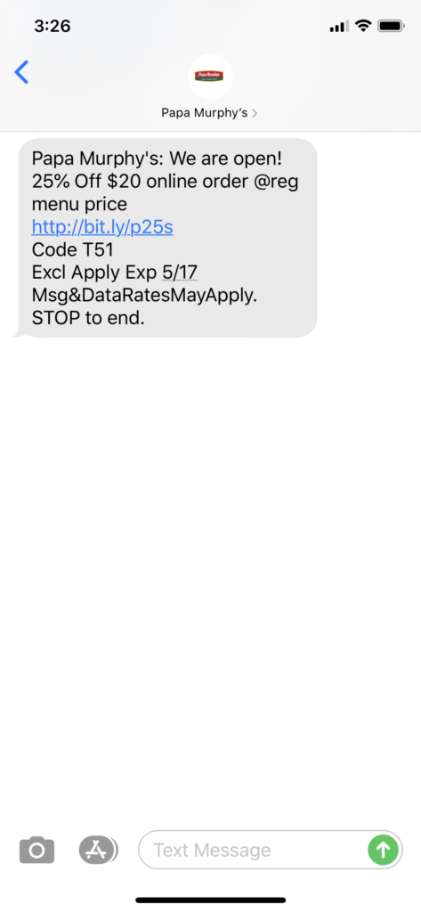 Papa Murphy’s Text Message Marketing Example - 05.16.2020
