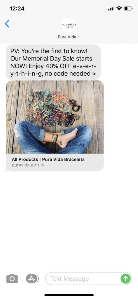 Pura Vida Text Message Marketing Example - 05.22.2020