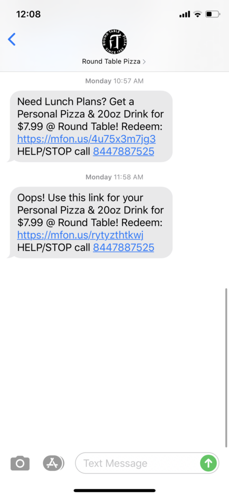 Round Table Pizza Text Message Marketing Example - 05.04.2020