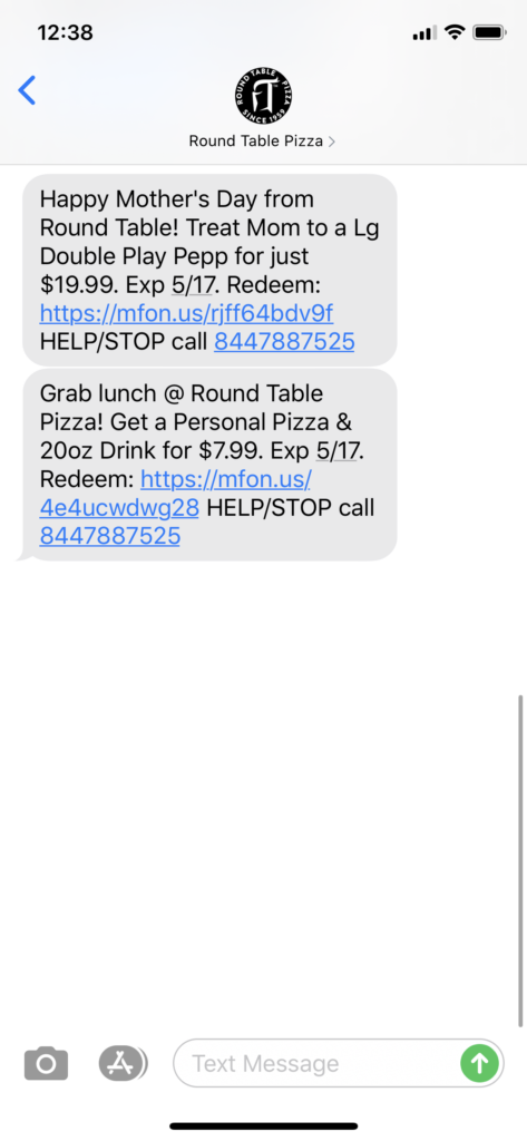 Round Table Pizza Text Message Marketing Example - 05.11.2020