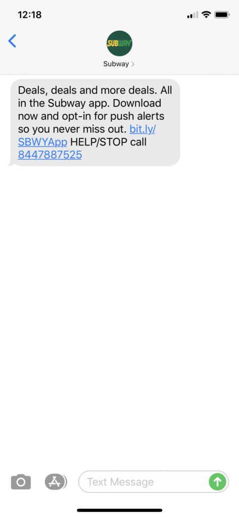 Subway Text Message Marketing Example - 05.12.2020