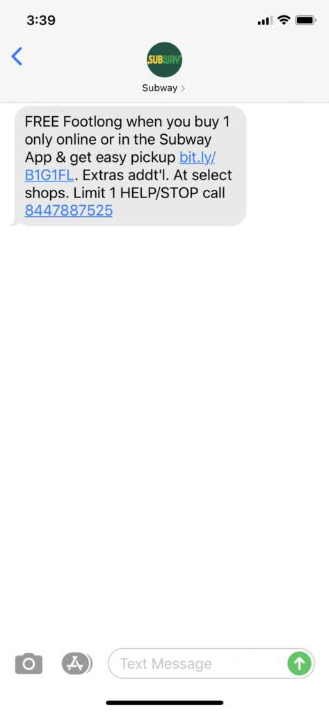 Subway Text Message Marketing Example - 05.15.2020